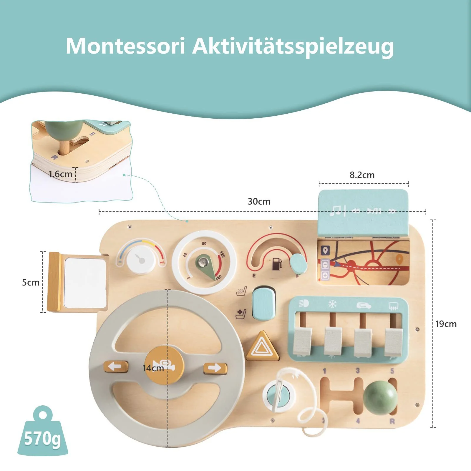 CLTYQ Motorikbrett Montessori Busy Board für Kinder mit Lenkrad