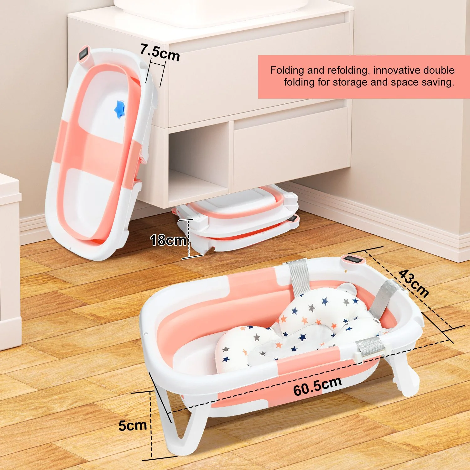 CLANMACY Babybadewanne 3in1, faltbar, rutschfest, tragbar, mit Stöpsel