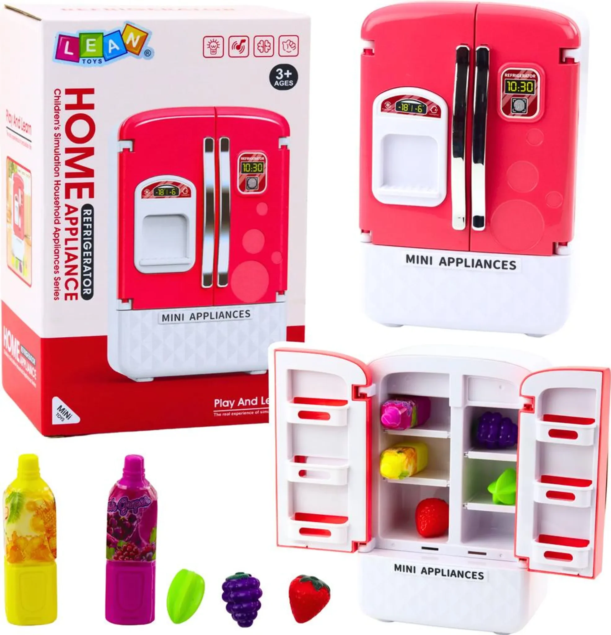 Kinderspielzeug-Kühlschrank mit Obst & Säften, rosa