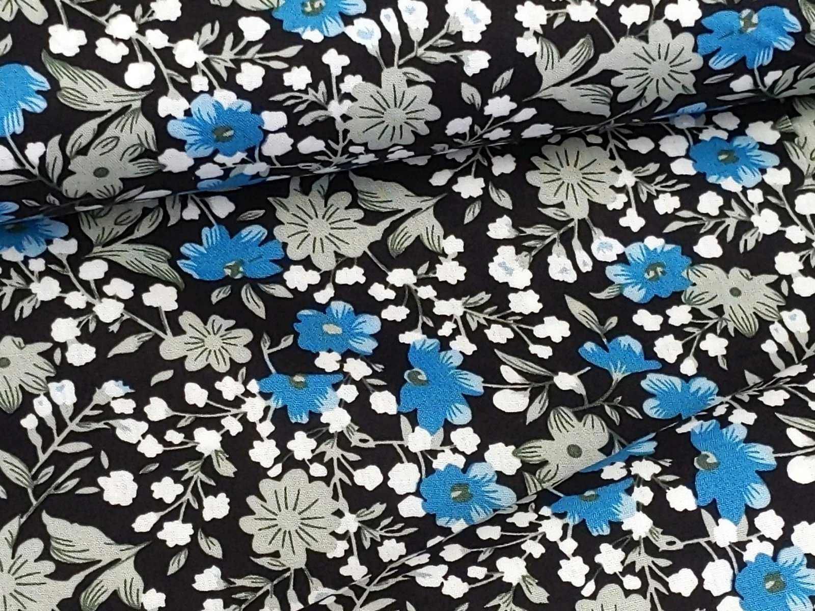 Corileo Baumwollstoff Popeline – Blumenmotiv in Aqua & Schwarz, Meterware