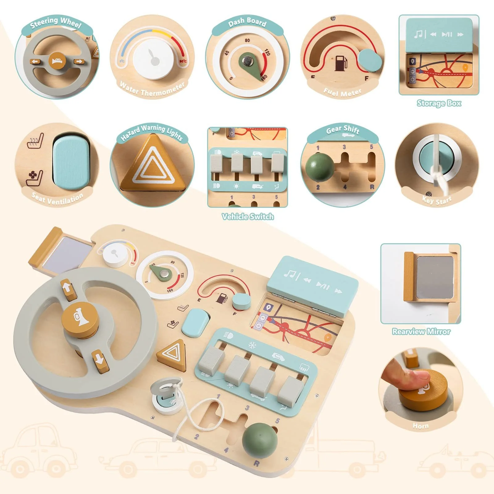 CLTYQ Motorikbrett Montessori Busy Board für Kinder mit Lenkrad