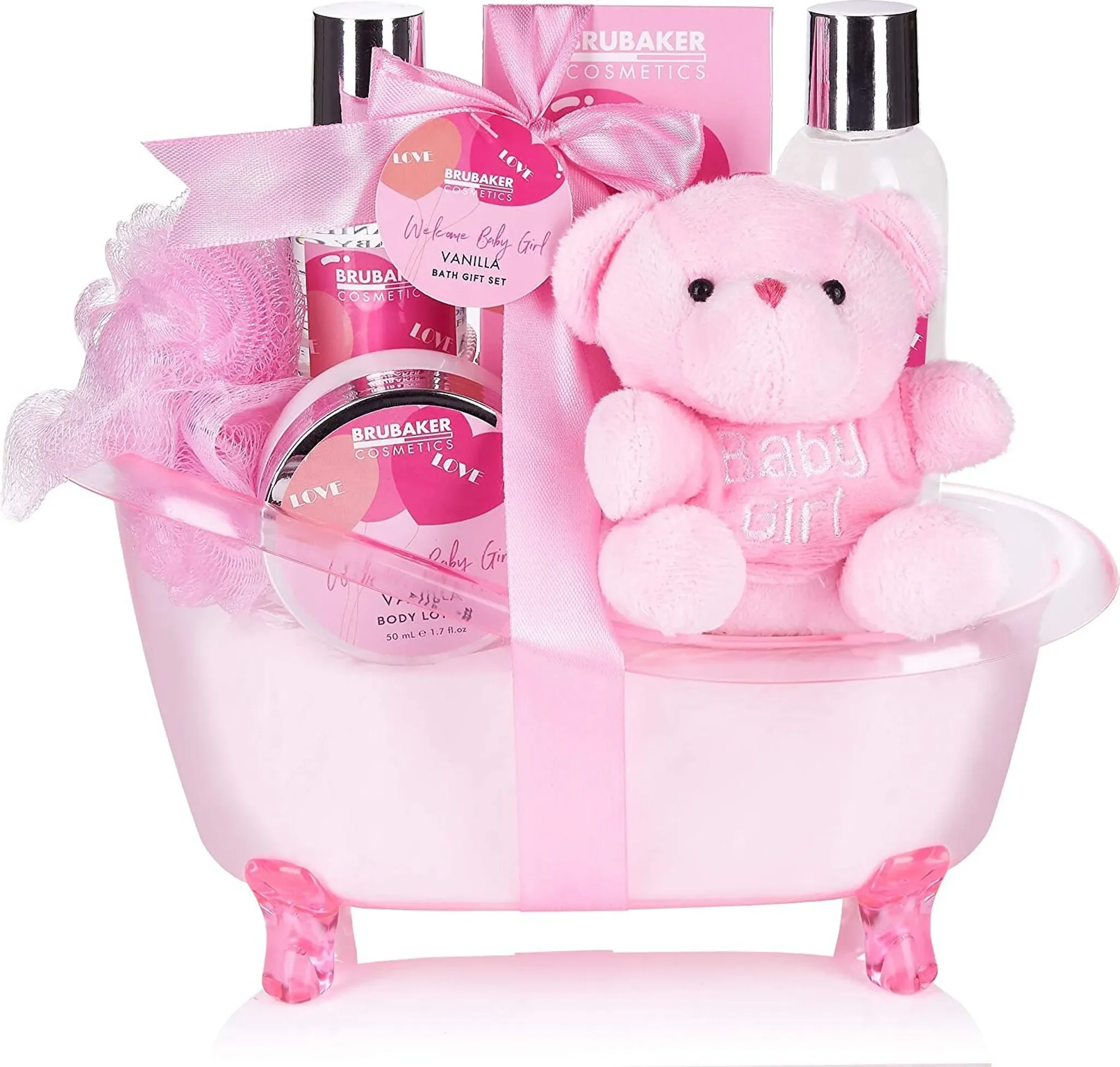 BRUBAKER 7-teiliges Babypflege Set - Willkommens Set für Mädchen - Baby Geschenkset mit Wanne und Plüschbär - Rosa