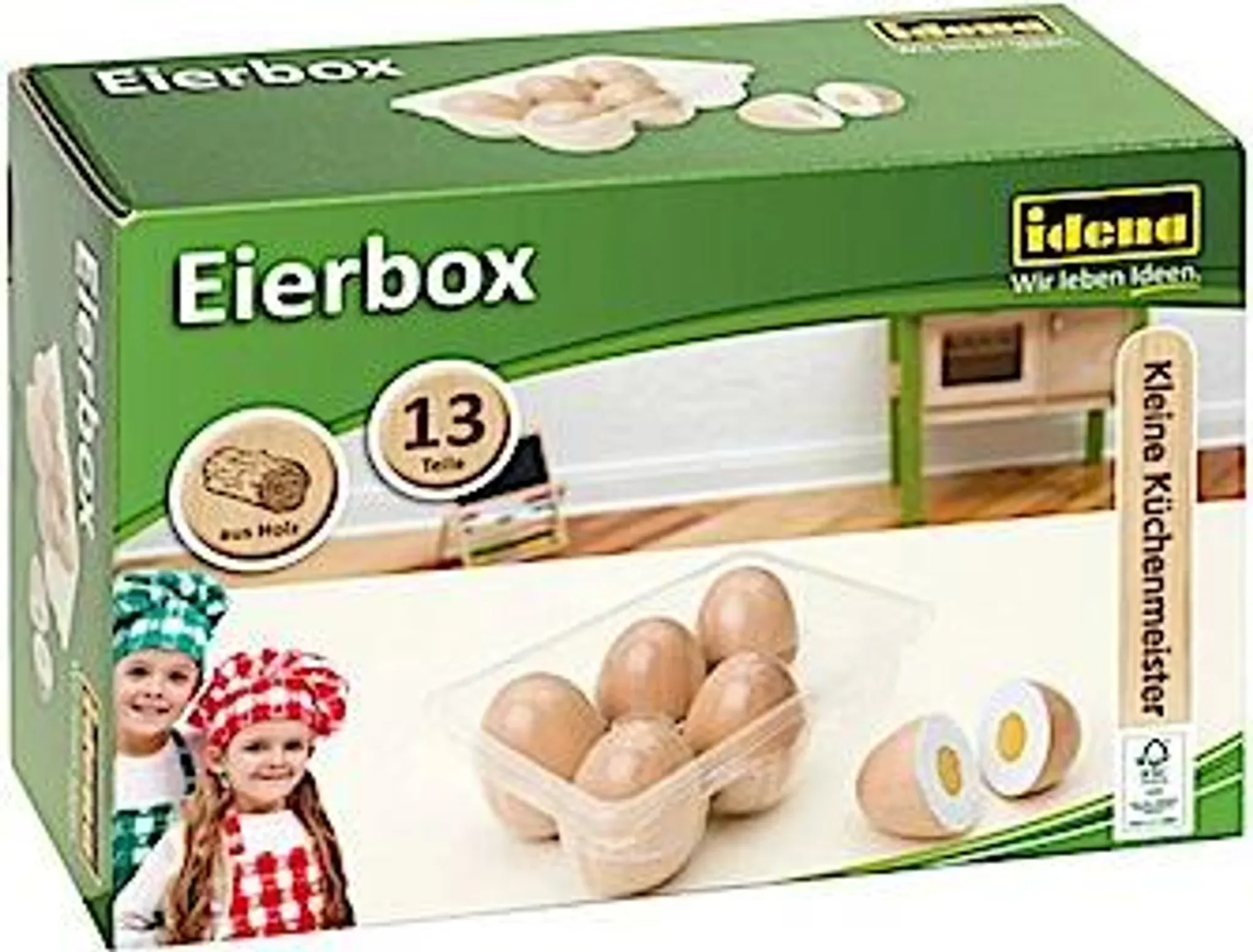 Idena Kaufladen-Eierbox – 6 Holzeier, mehrfarbig