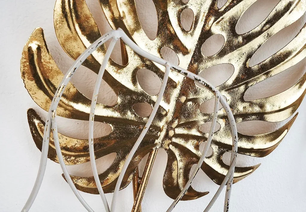 Kobolo Metall Wandbild Golden Monstera weiß gold für Wohnzimmer Büro
