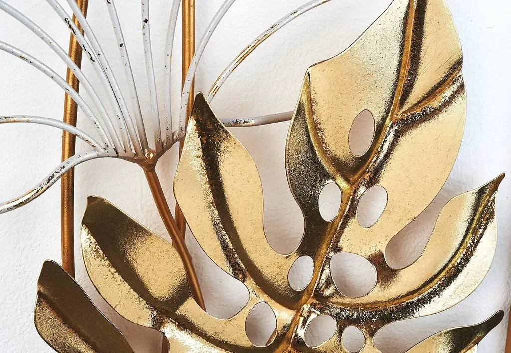 Kobolo Metall Wandbild Golden Monstera weiß gold für Wohnzimmer Büro
