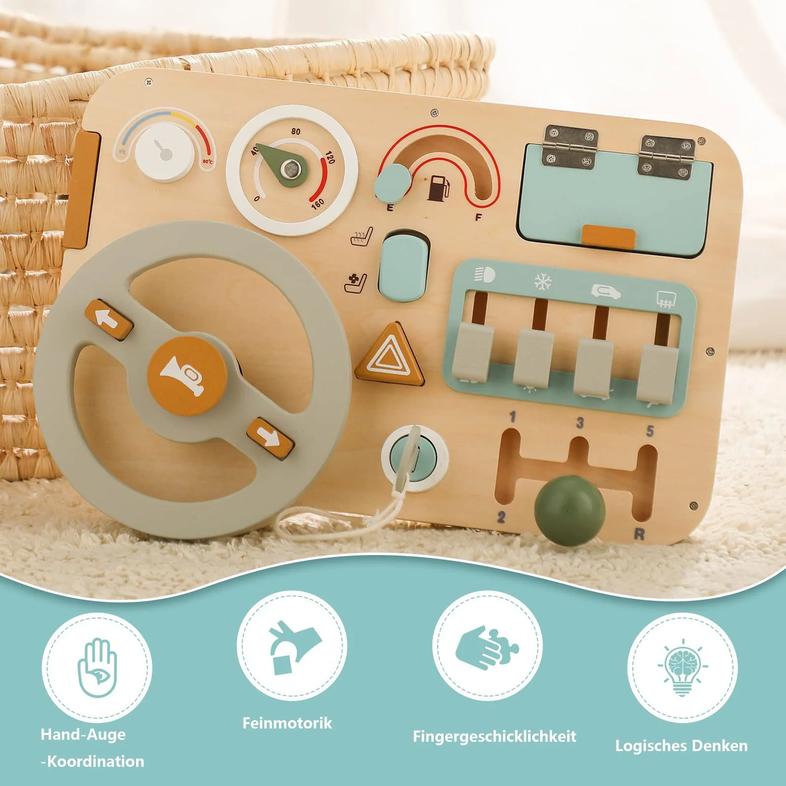 CLTYQ Motorikbrett Montessori Busy Board für Kinder mit Lenkrad