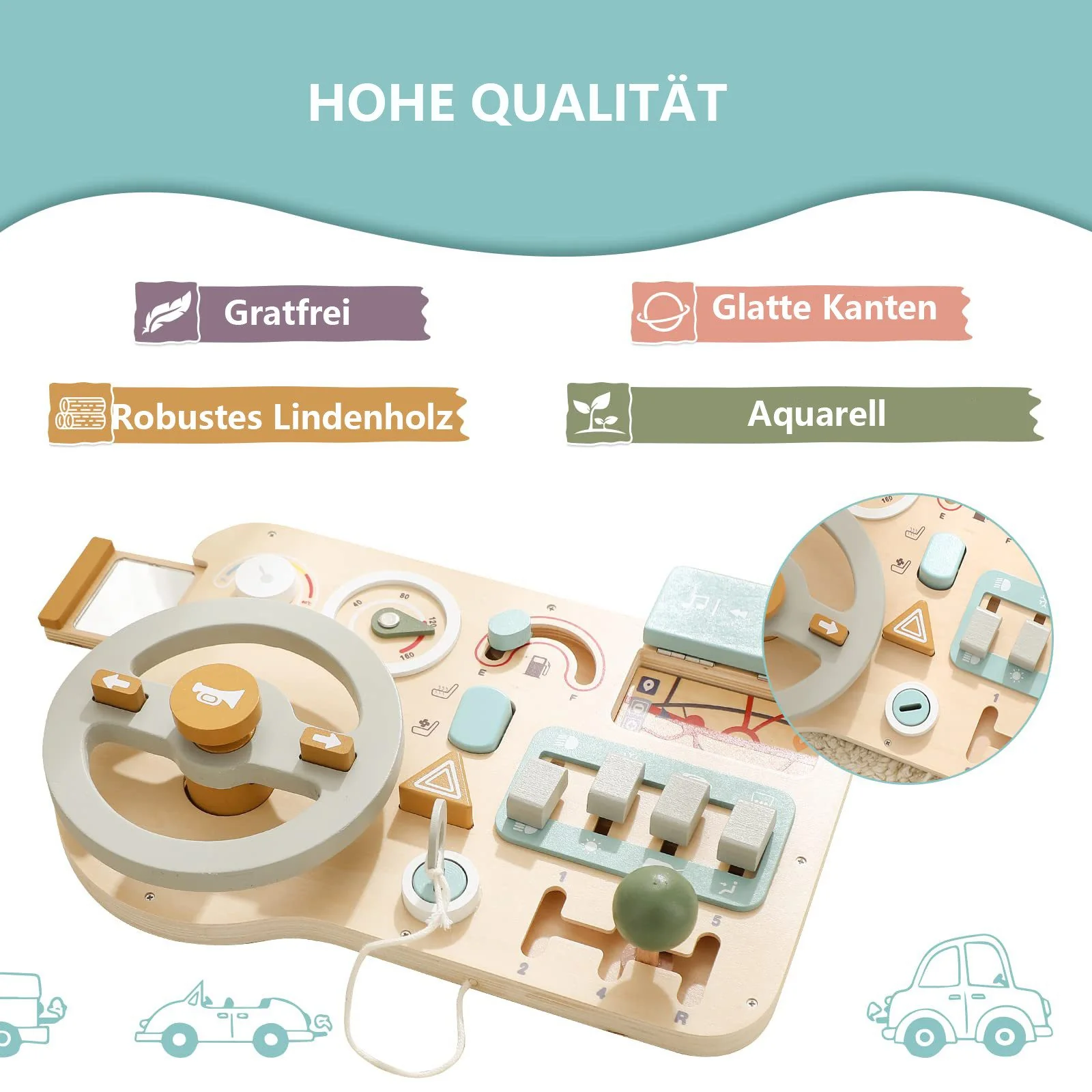 CLTYQ Motorikbrett Montessori Busy Board für Kinder mit Lenkrad