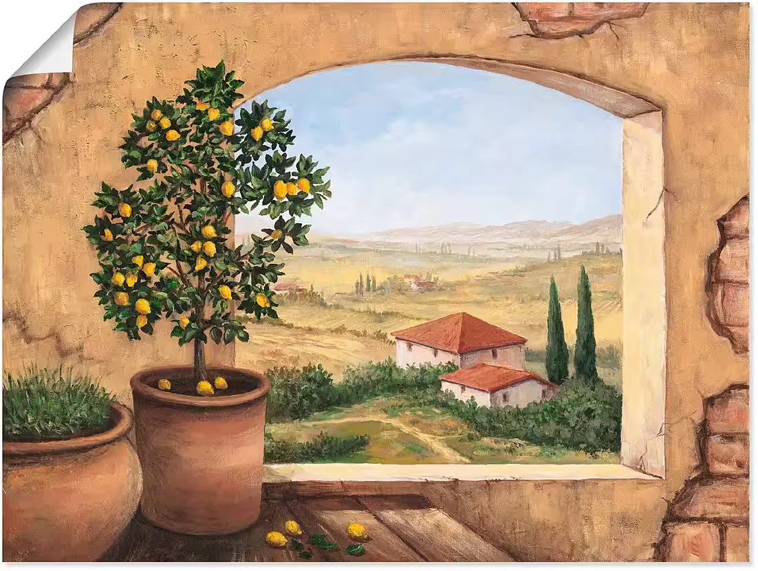 ARTLAND Wandbild Fenster in der Toskana Landschaft Wanddeko