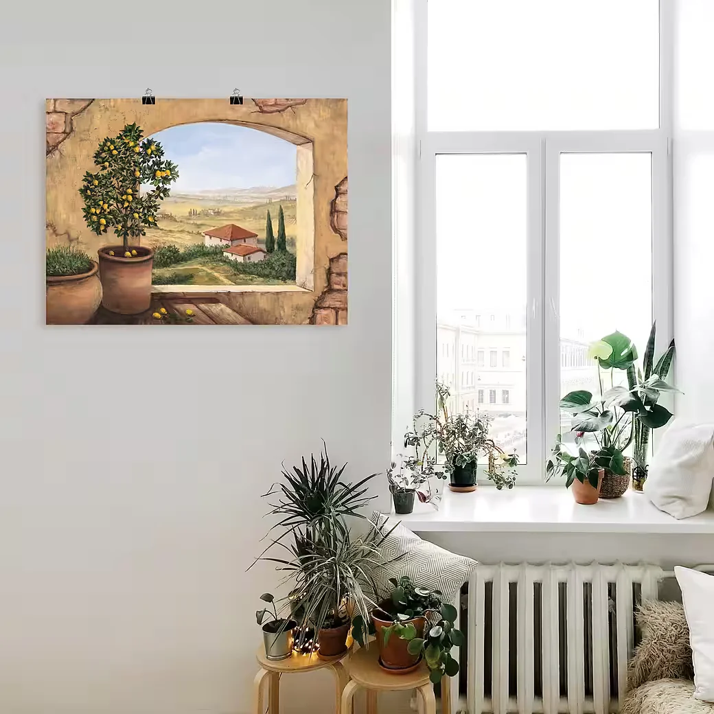 ARTLAND Wandbild Fenster in der Toskana Landschaft Wanddeko