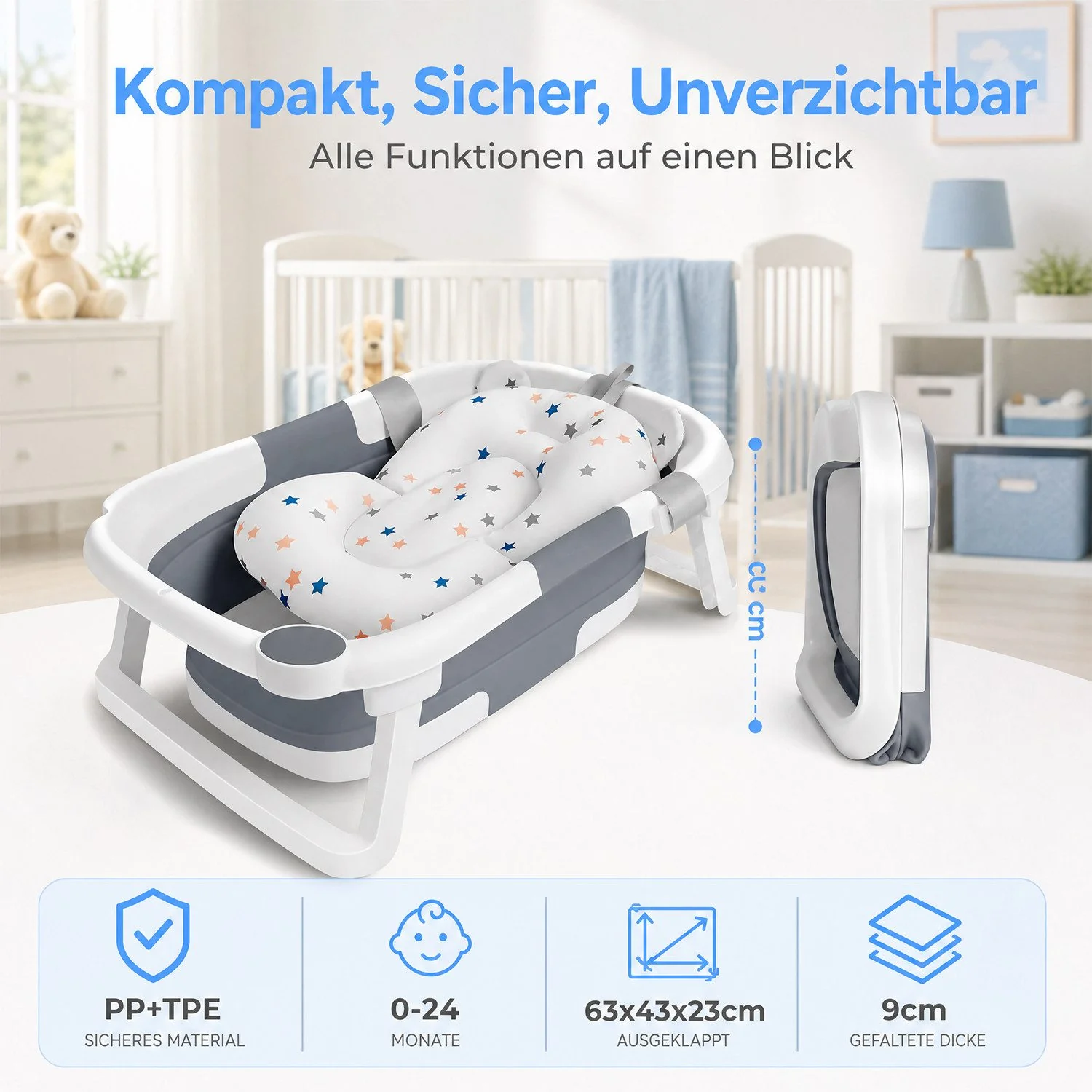 AKKEE Babybadewanne faltbar mit Badewannensitz und Badematte