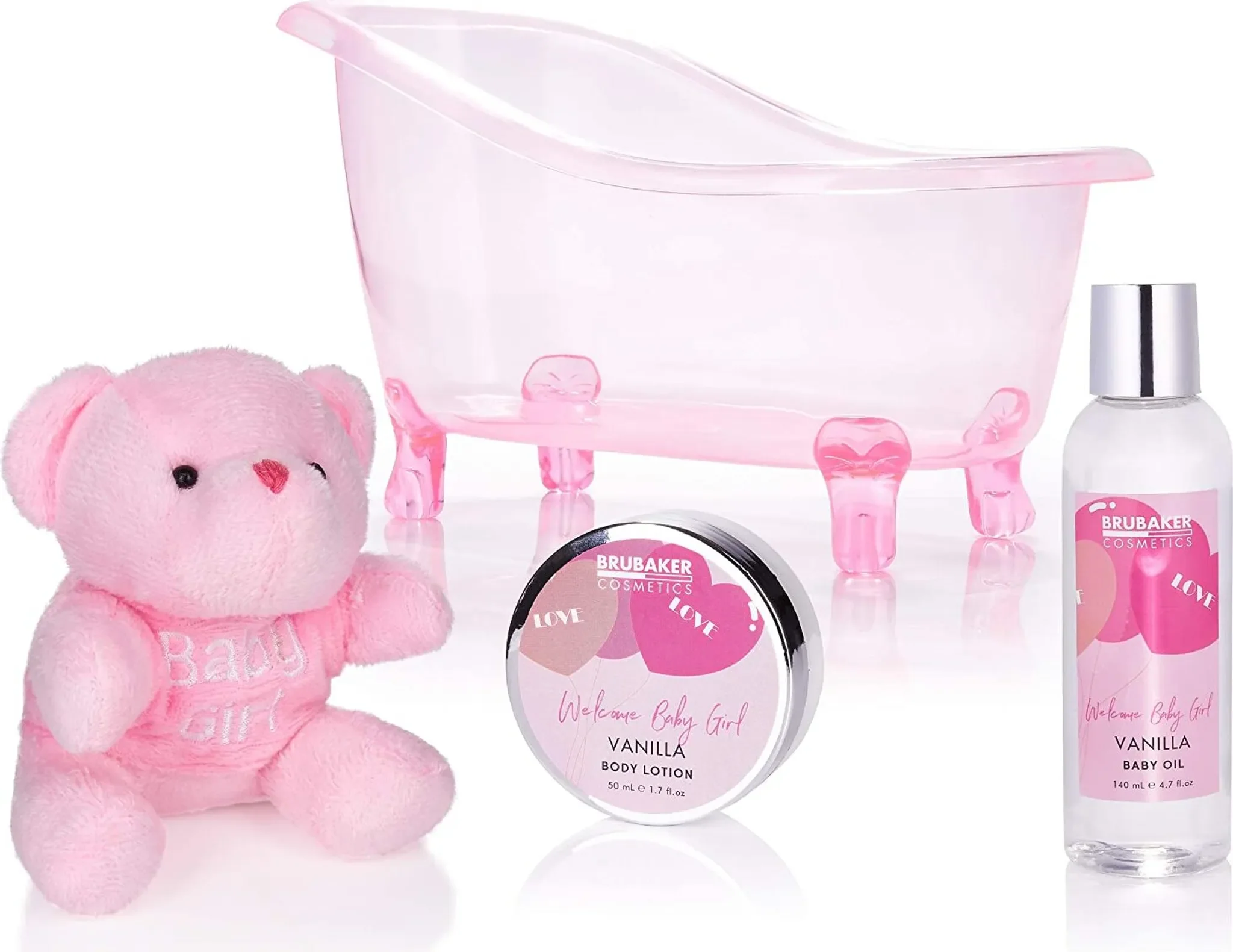 BRUBAKER 7-teiliges Babypflege Set - Willkommens Set für Mädchen - Baby Geschenkset mit Wanne und Plüschbär - Rosa