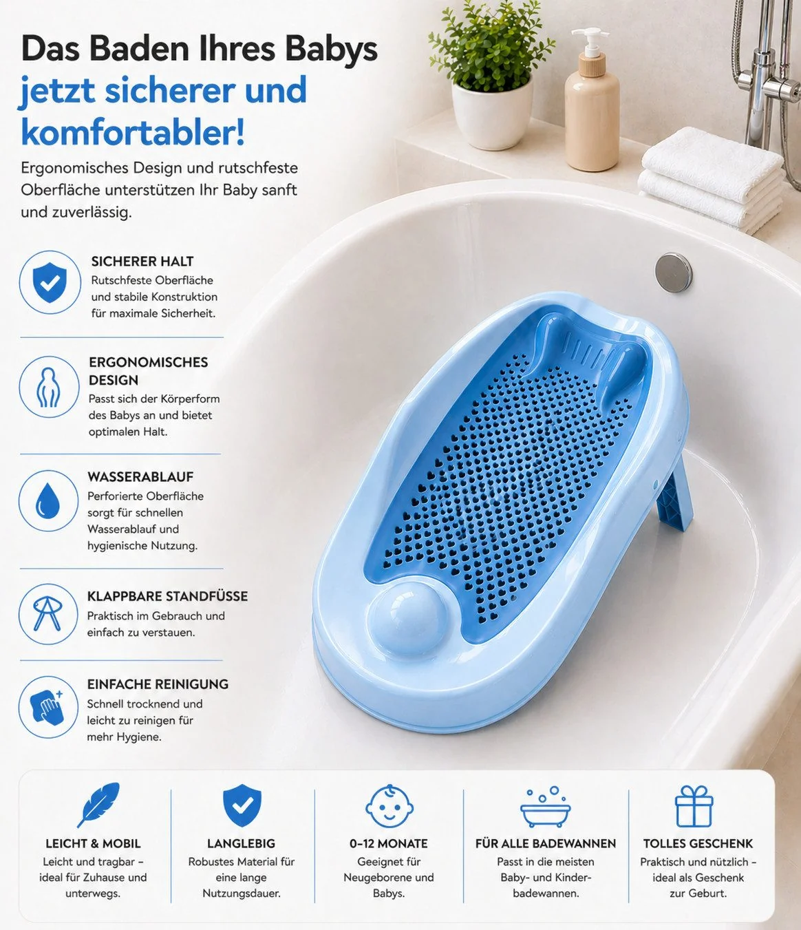BONCUKS HOME Babybadewanne mit rutschfestem ergonomischem Badesitz