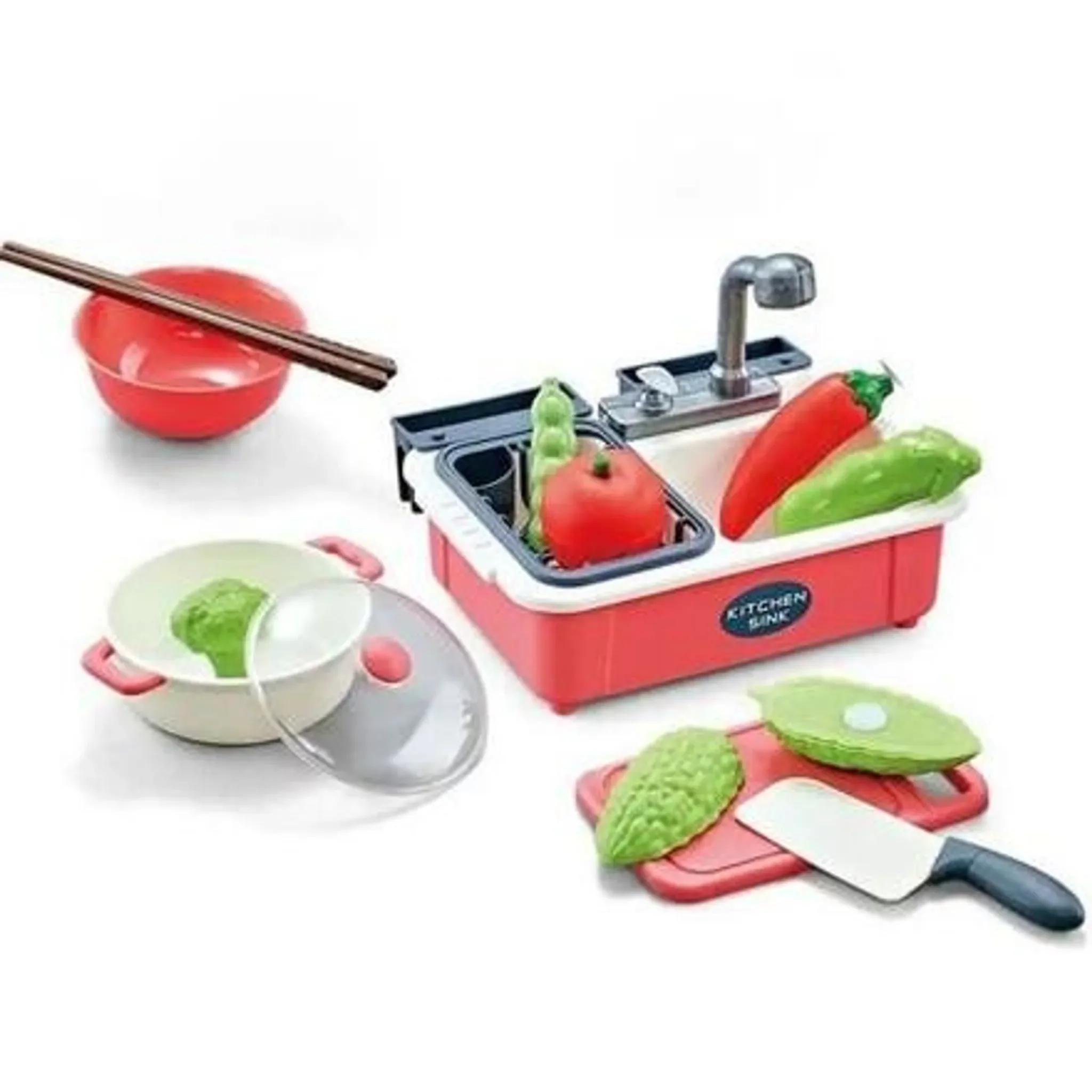Bavytoy Spülbecken mit Zubehör – Spiel-Küchenset in Rot