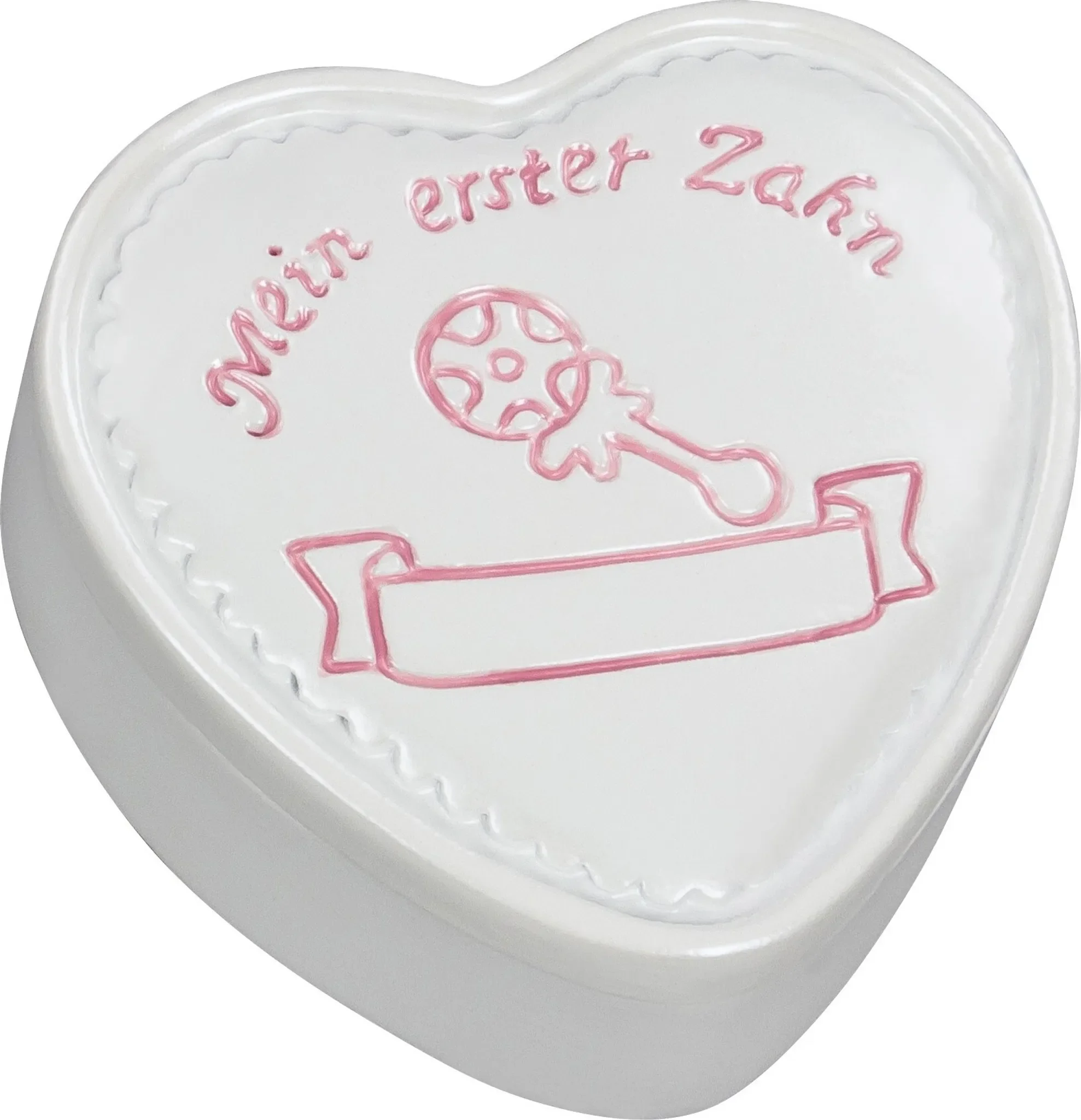 Zahndose „Mein erster Zahn“ – Mädchen, Weiß mit rosa Schrift