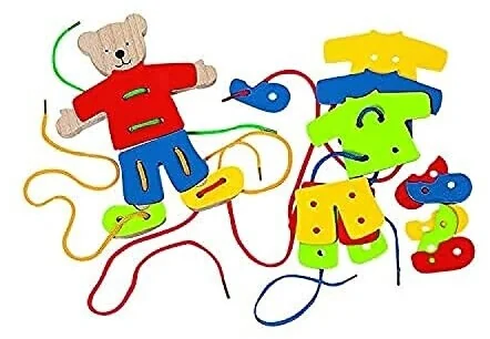 Goki Fädelspiel Bunter Bär 58929 Holzspielzeug Fädelbär 21 Teile